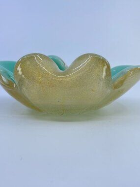 vintage murano handblown glass bowl ashtray aqua interior gold aventurine exteri